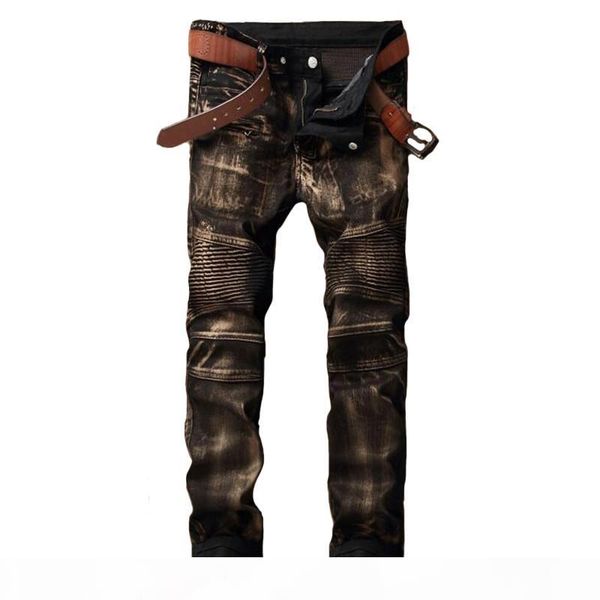 

mens biker jean trousers hi-street slim fit painted denim joggers male straight pleated moto jeans pants, Blue