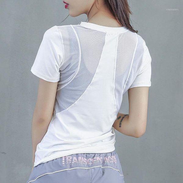 

yoga outfits 2021 back mesh patchwork sport t-shirt women loose fit o-neck workout running tee fitness short-sleeved shirts1, White;red