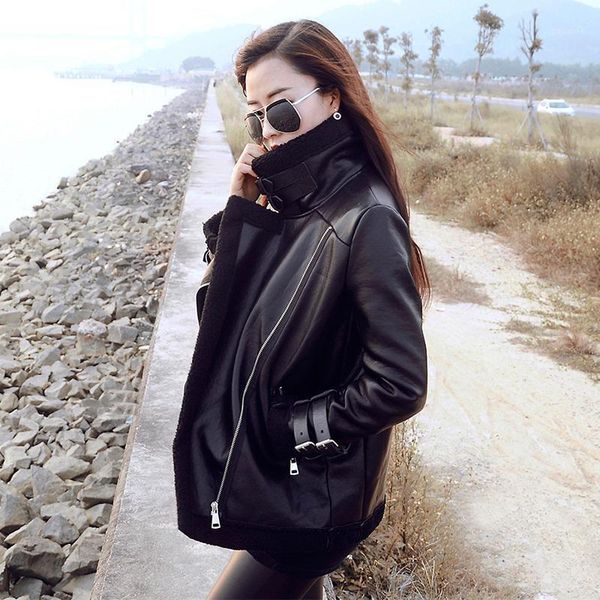 

fashion new spring autumn warm thicken zipper long sleeves turn-down collar pockets loose coat female jacket leather coat cy3671, Black