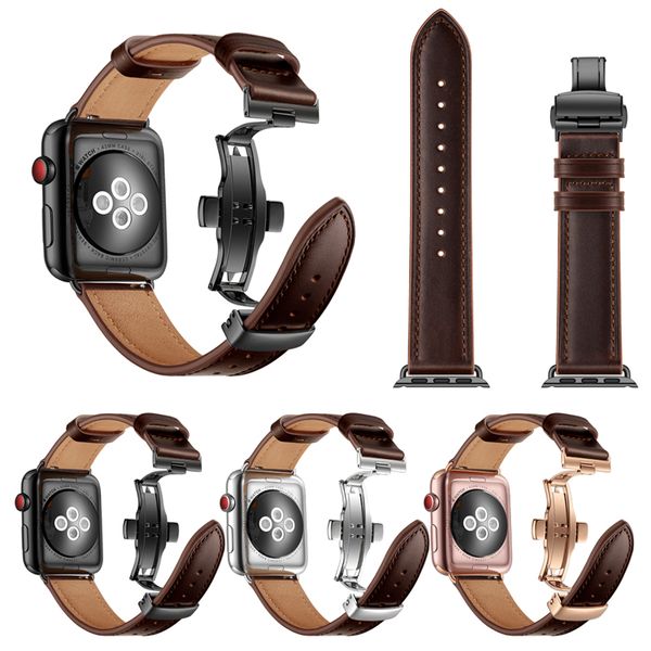 Wsirak pulseira preta com fecho borboleta cinto de couro genuíno para Apple Watch série 1 2 3 4 5 6 7 8 SE 38mm 40mm 42mm 44mm 45mm pulseira de relógio