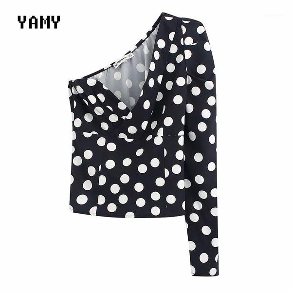 

polka dots print one sleeve womens and blouses zora vicky female cold shoulder blouse womens retro party 20201, White