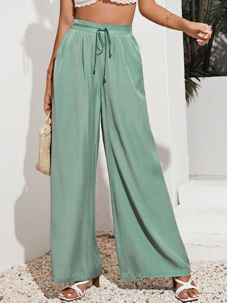 

solid wide leg tie front pants s2kw#, Black;white