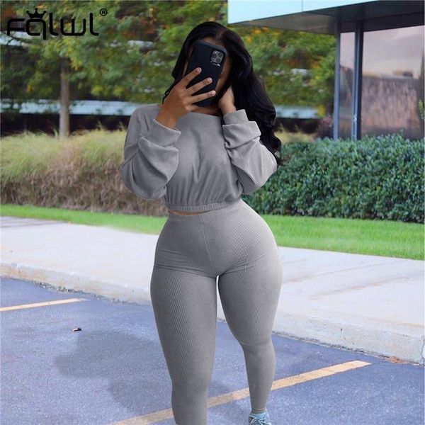 

fqlwl streetwear autumn winter 2 two piece set women tracksuit bodycon long sleeve crop pants women matching set outfit 201104, Gray