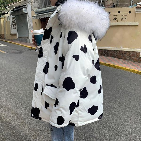 

men's down & parkas 2021 winter men's fashion cow print loose big hair collar casual young hooded cotton thick coat plue size m-5x, Black