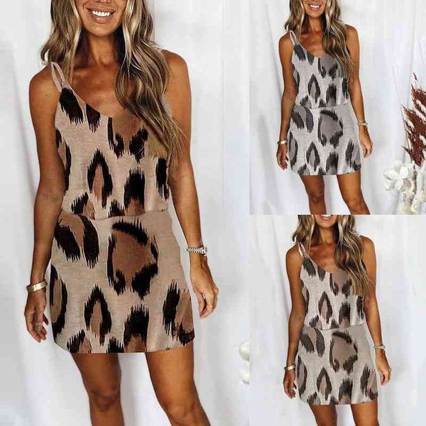 

women summer casual sleeveless v-neck sling leopard print dresses loose dress leopard print dress, Black;gray