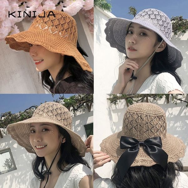 

summer women outdoor sun protection hat foldable beach bucket hat breathable fashion hollow out bow lace straw hat visor cap y200714, Blue;gray