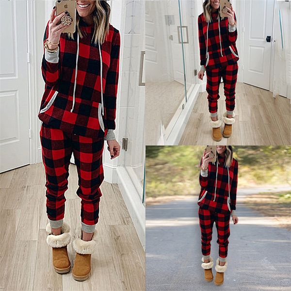

women christmas plaid tracksuit ins xmas two piece clothing pajamas sets checkered hooded hoodies legging pants outfit trourser suit e120301, White