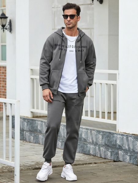 

men slogan graphic drawstring thermal hoodie & sweatpants without tee q6dc#, Gray