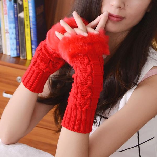 

five fingers gloves fashion winter women plush faux fur knitting wool keep warm mitten fingerless lady girl half finger christmas gift, Blue;gray