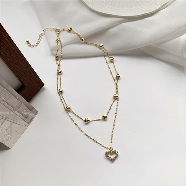 

2021 latest fashion double love full zircon necklace japanese and korean personality super fairy clavicle chain necklace, Silver