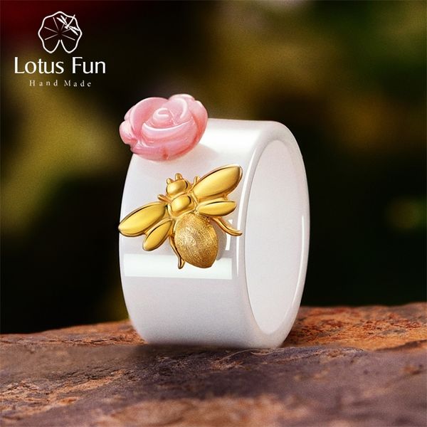 

lotus fun real 925 sterling silver christmas fine jewelry ceramic ring cute 18k gold bee kiss from a rose rings for women bijoux 201218