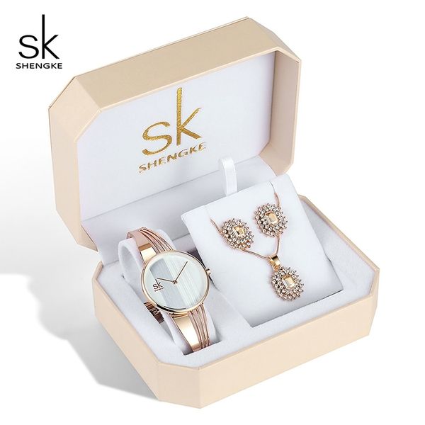 

shengke rose gold watches women set luxury crystal earrings necklace watches set sk ladies quartz watch gifts for women 201114, Slivery;brown