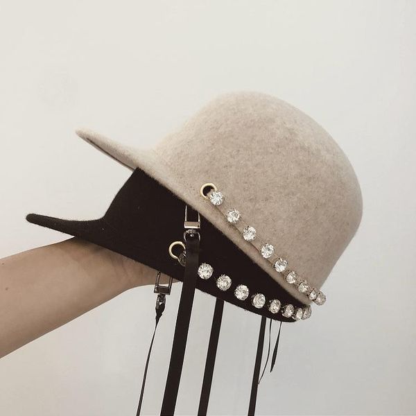 

stingy brim hats 202112-xy autumn winter large particles rhinestone chain long ribbon equestrian lady octagonal hat women visors cap, Blue;gray