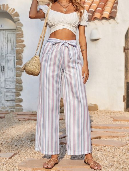 

block striped print belted pants l86p#, Black;white