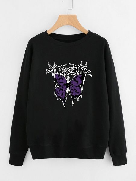

plus letter and butterfly print pullover k6tj#, Black