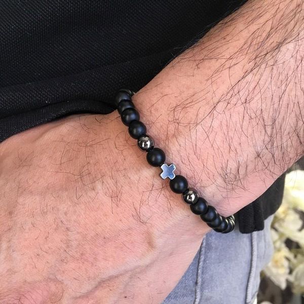 

New Trendy Men Bracelet Black Hematite Cross With 8mm Natural Stone & Copper Bead charm Bracelets For Women Men Jewelry Gift, Golden;silver