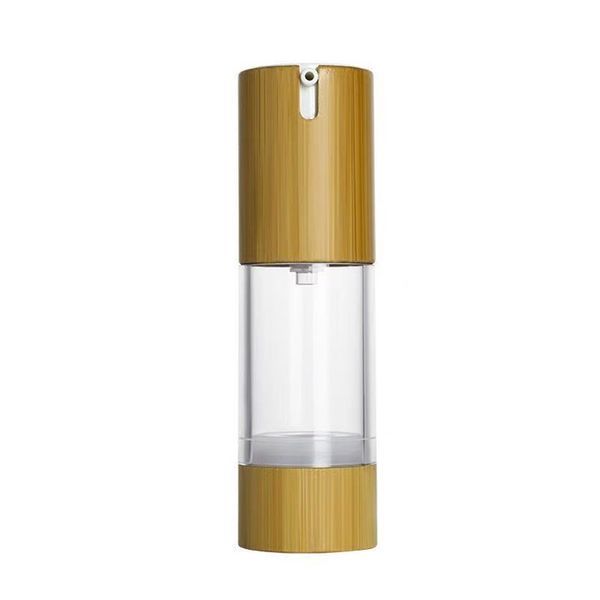 

luxury bamboo travel cosmetics airless pump bottles with bamboo bottom for lotion cream 15ml 30ml 50ml 80ml 100ml skin care u shap abs plast