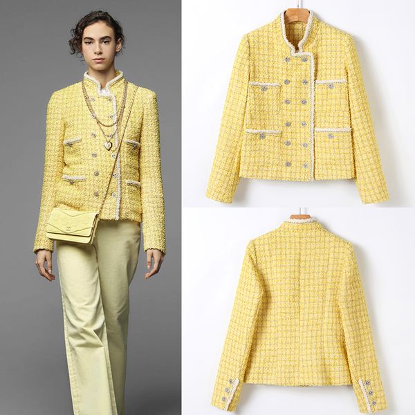 

2021 new womens fashion double breasted yellow wool blend chic long sleeve shirt jackets outerwear oepx, Black;brown