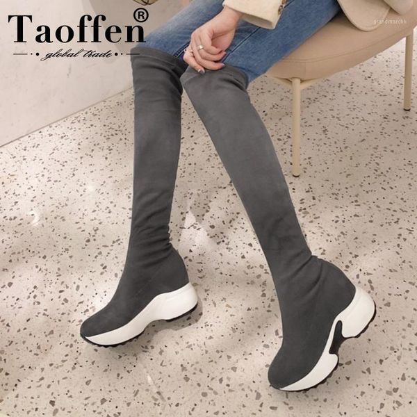 

boots taoffen 2021 over knee women casual stretch height increase shoes autumn winter long footwear size 34-431, Black
