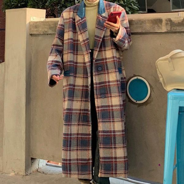 

women's wool & blends overcoat japanese autumn winter fashion lattice retro lapel long sleeve woolen suit office lady cloth, Black