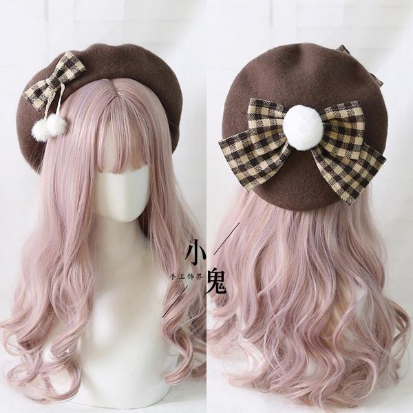 

japanese lolita joker british beret sweet cute retro wool winter plaid big bow hat, Blue;gray
