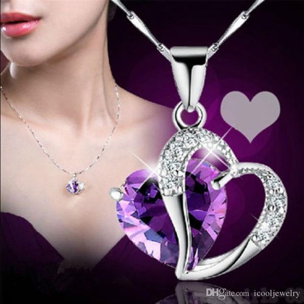 

rhinestone pendant crystal women silver chain fashion heart necklace jewelry 10 color length 17.7 inch gb1437