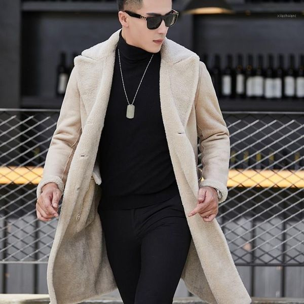 

in winter men's long leather coats with double buttons cut thin shearling walls reversible desk men's wool coats1, Black