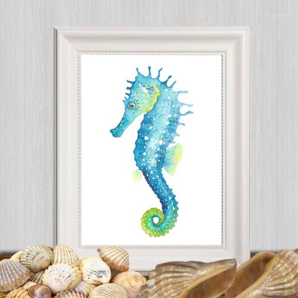 

watercolor marine animal hippocampus canvas painting wall art decor , hippocampus print and poster beach art nautical decor1
