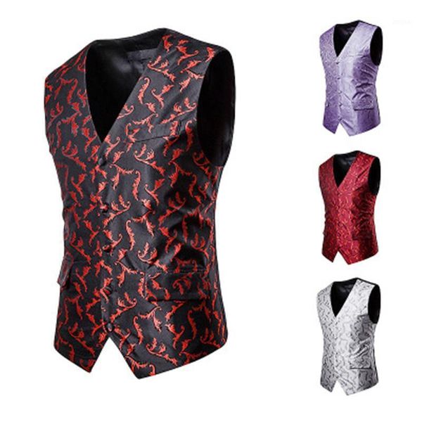 

plus size men casual suit vest silk leaves pattern embroidered smart casual suit vest single-breasted design slim fit for mens1, Black;white