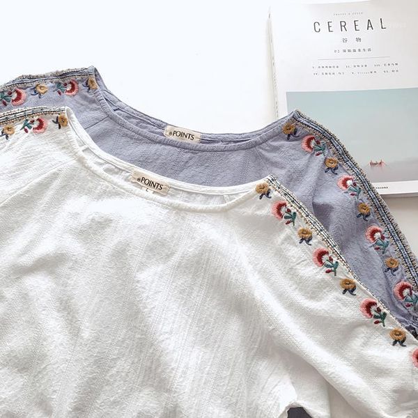 

shoulder ethnic style embroidery o-neck short sleeve shirt woman1, White
