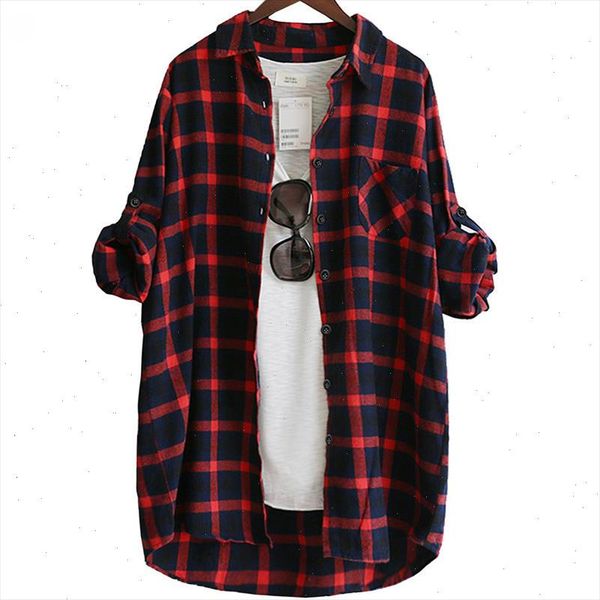 

cotton women blouse shirt plaid 2021 loose casual plaid long sleeve large size womens blouses red green, White