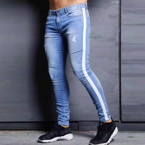 

men's trendy new style jeans with knee holes, Blue