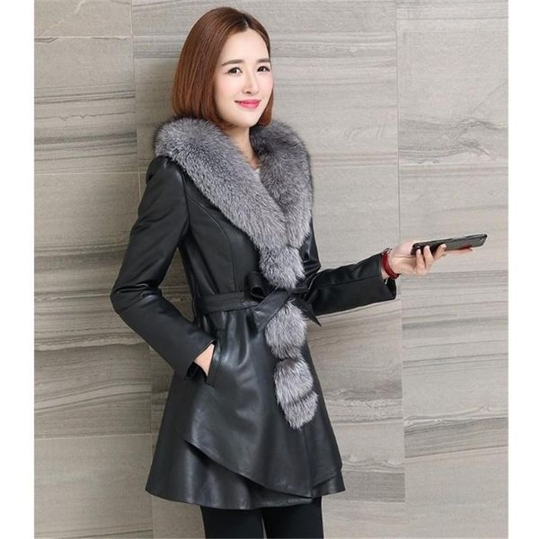 

winter thickened warm leather jacket women long sections your waist fashion pu leather clothing faux fur collar overcoat, Black
