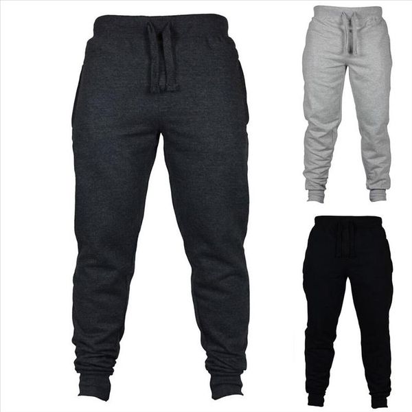 

men sporty solid color waist drawstring jogging fitness trousers skinny pants active pants gym workout jogging, Black