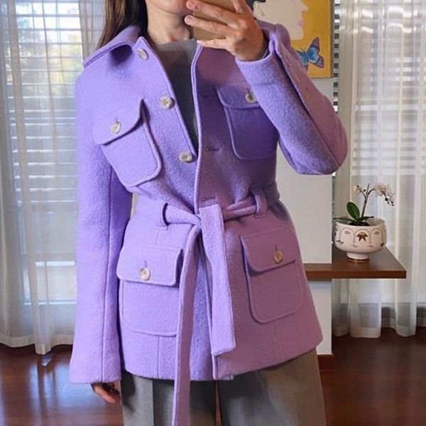 

women's coat 2020 autumn and winter new style taro purple multi-pocket lace-up waist woolen jacket1, Black