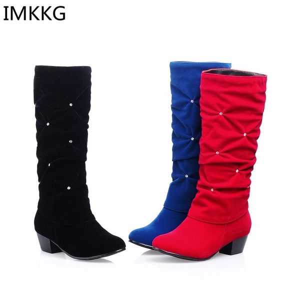 

new women low heel mid-calf winter boots fashion rhinestone round toe snow boots party wedding shoes red black blue y1221
