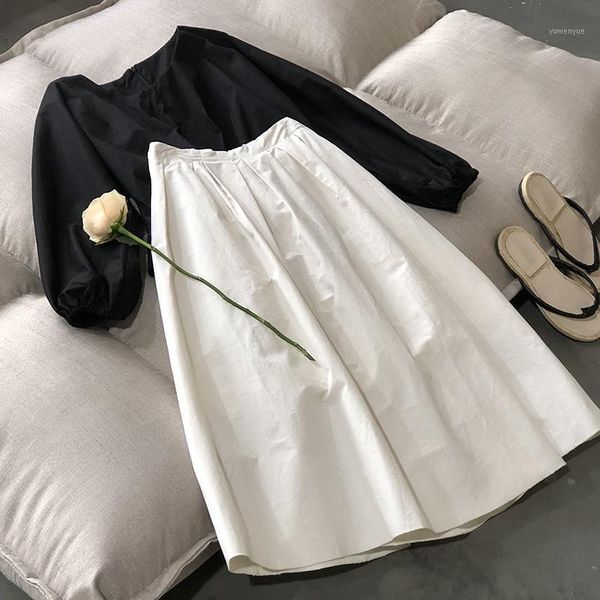 

2020 women high waist a-line summer white skirt cotton long skirt two pieces women clothes faldas jupe femme saia skirts1, Black