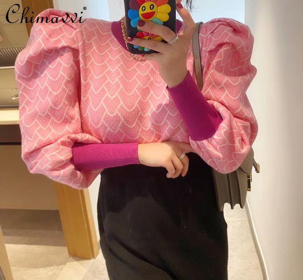 

2021 autumn and winter new round neck hit color retro pullover sweater puff sleeve knit women's solid color knitwear, White;black