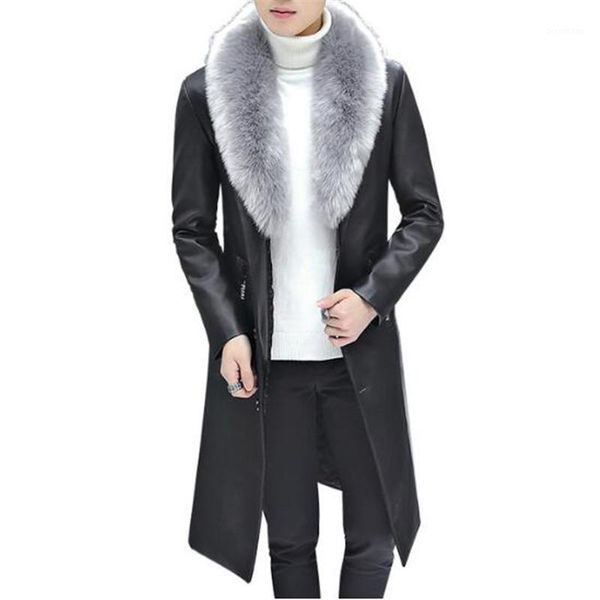 

2020 new winter blazer fur collar long section men fur coat men's business casual leather jacket fleece warm thick overcoat1, Black