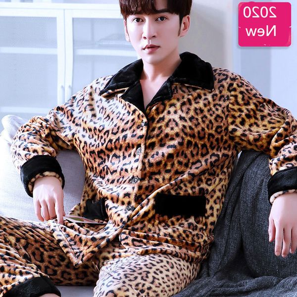 

men's flannel pajamas warm leopard sleepwear man thick winter pajama set 2piece/suit long shirt pants homewear, Black;brown