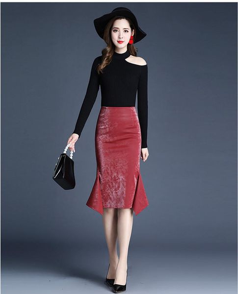 

skirts fashionable elegant temperament pu leather fishtail hip skirt autumn and winte high waist invisible zipper comfortable, Black
