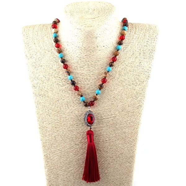 

pendant necklaces fashion bohemian tribal jewelry semi precious stones long knotted stone handmake paved crystal tassel, Silver