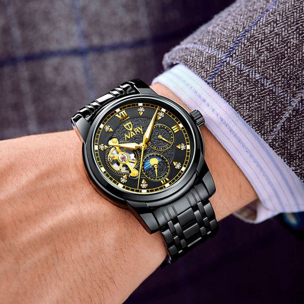 

tiktok, leisure, automaton business man, watch, nary/ sun, moon, star dial, automatic mechanical watch, Slivery;brown
