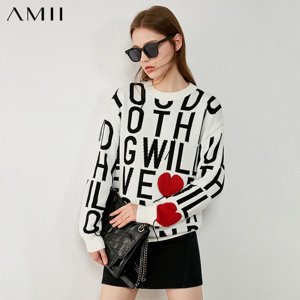 

amii minimalism autumn winter sweaters for women fashion oneck letter print loose women's sweater female pullover 12070525 c1120, White;black