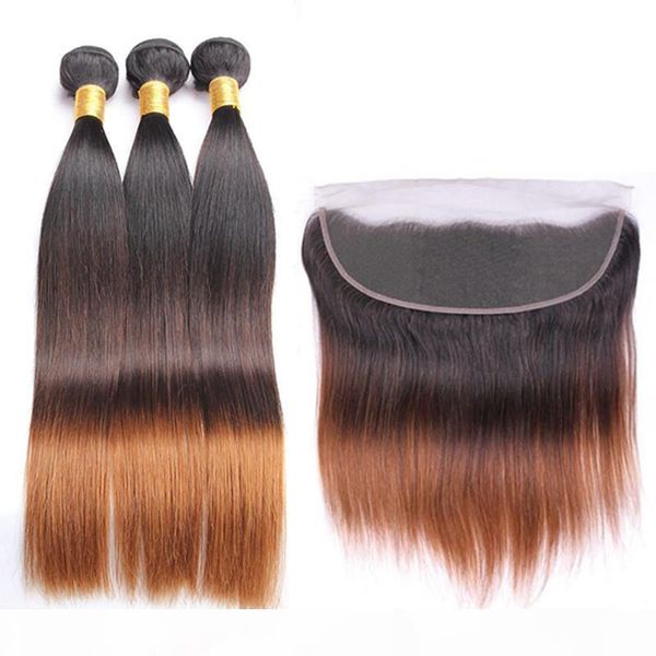 

dark root #1b 4 30 medium auburn ombre virgin hair wefts with frontal straight 3tone ombre 13x4 lace frontal closure with weave bundles, Black;brown
