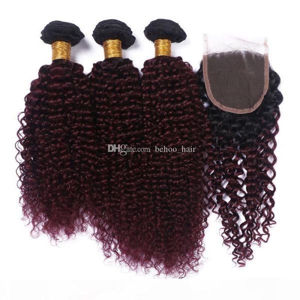 

new arrival ombre burgundy 99j color brazilian kinky curly hair bundles with lace closure #1b 99j hair weaves with closure 4pcs lot, Black;brown