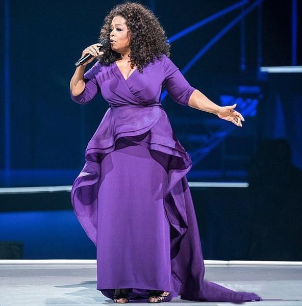 OprahWinfrey Purple Women Abiti da sera a figura intera con scollo a V Abiti da festa formali dritti Mother Plus Size Guaina Celebrity Prom Dress con strascico 2022