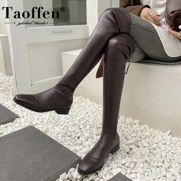 

taoffen women iver knee boots square toe thick heel slip on shoes women party fashion warm winter boots footwear size 34-39, Black