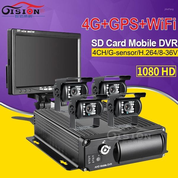 

4pcs waterproof night vision rear view reverse camera+4g gps wifi real time surveillance mobile car dvr +7inch lcd car monitor1, Black;white