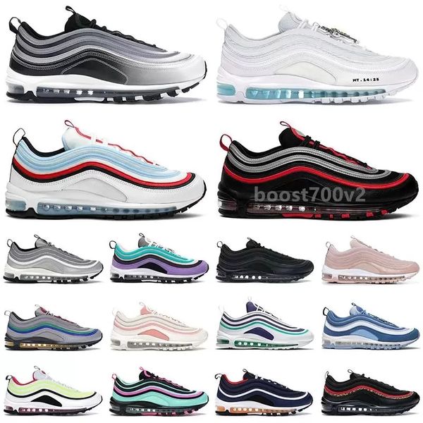

bred mschf x inri jesus 97 mens running shoes triple black white sliver bullet metalic gold 97s undefeated men women trainer sports sneakers